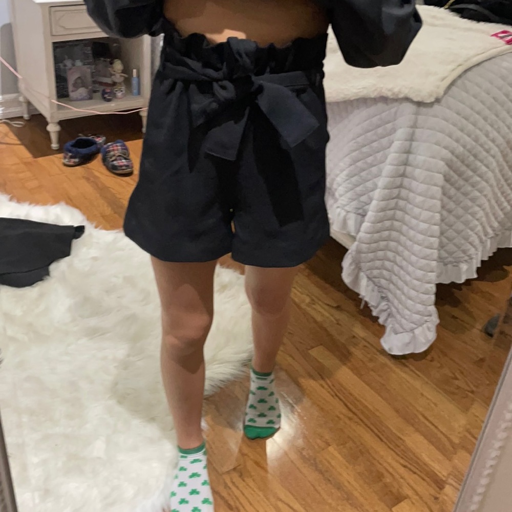 Black Polyester high waisted tie shorts